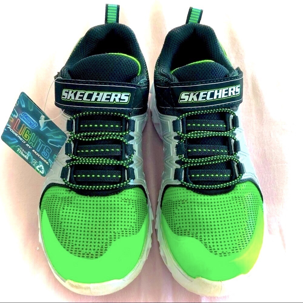 SKECHERS Hypno-Flash 2.0 Light Up Sneakers Unisex Black/Silver/Lime Green Size 2